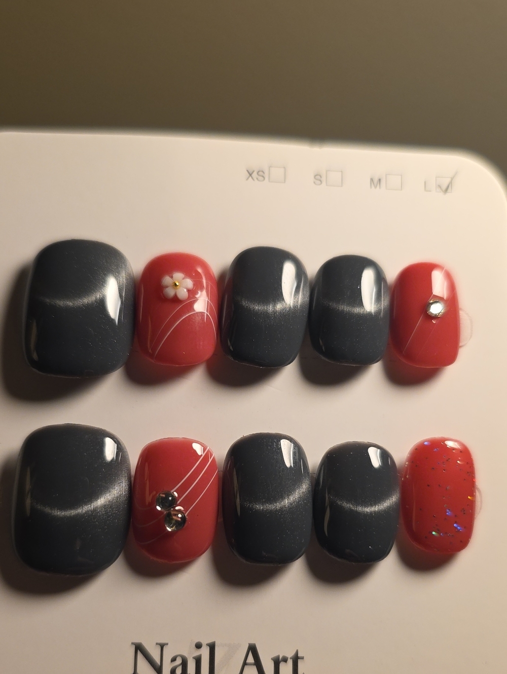 False Nail Set - Charcoal Gray & Coral Red Press-On Nails Size Large